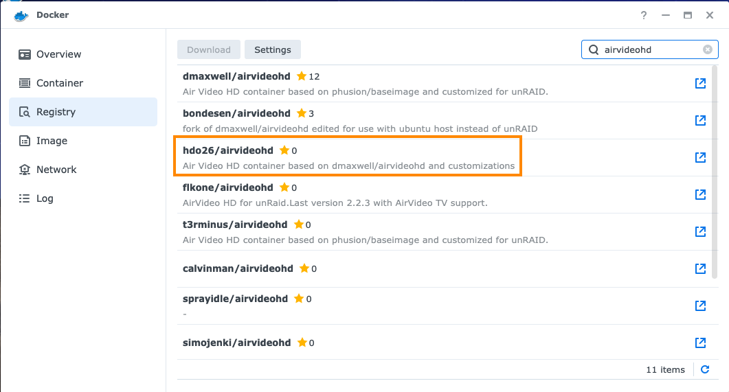 Synology AirVideoHD Docker - Graphical Install without SSH section image